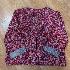 Chicos silk abstract silver red purple 3/4 length sleeve hook and eye jacket Lrg